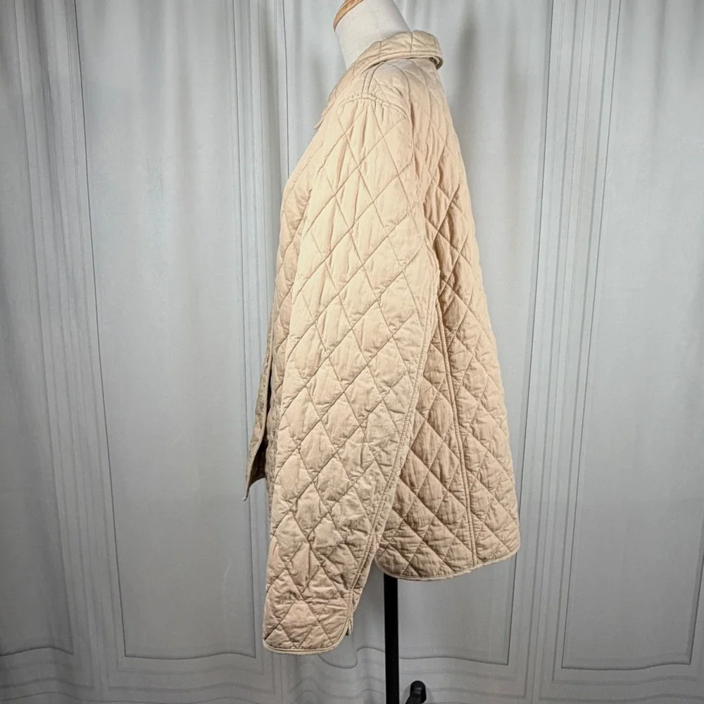 L.L. Bean Women XL Beige Quilted Jacket Plaid Lined Barn Coat Diamond Thermore